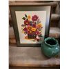 Image 1 : Framed Floral Embroidery and Green Ceramic Vase Set
