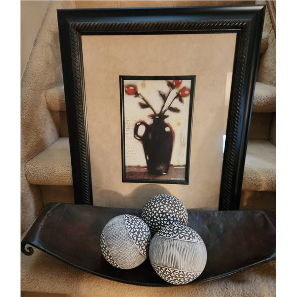Metal Tray, Decorative Wood Balls, and Framed Print Under Glass