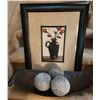 Image 1 : Metal Tray, Decorative Wood Balls, and Framed Print Under Glass
