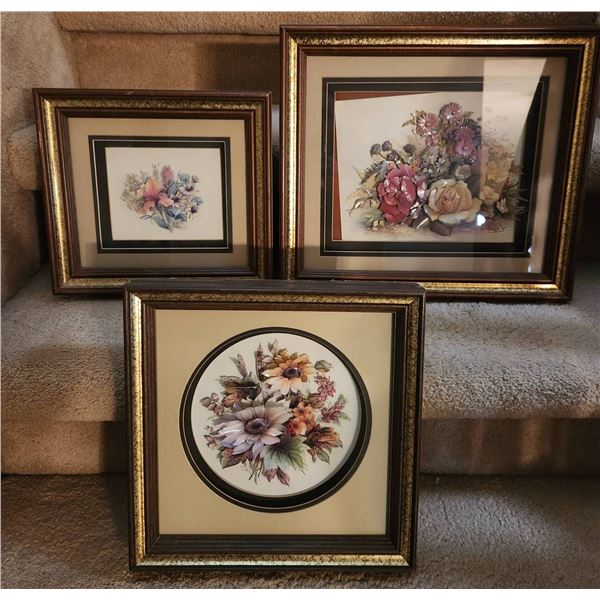 3 Framed Floral Artworks Under Glass with Raised Accents