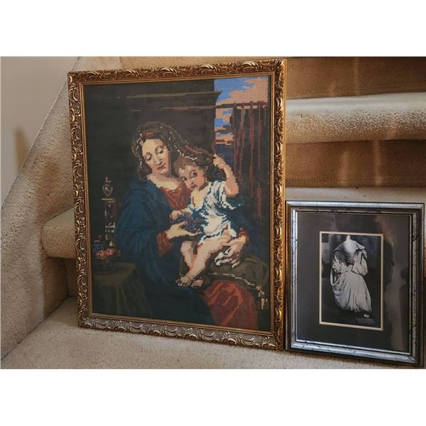 Framed Embroidery of Mother and Child and Framed Print of Nun Under Glass