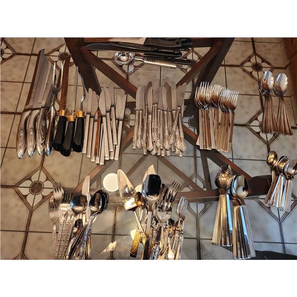 Large Assorted Flatware Set Including Knives, Forks, and Spoons, Stainless, Mixed Patterns