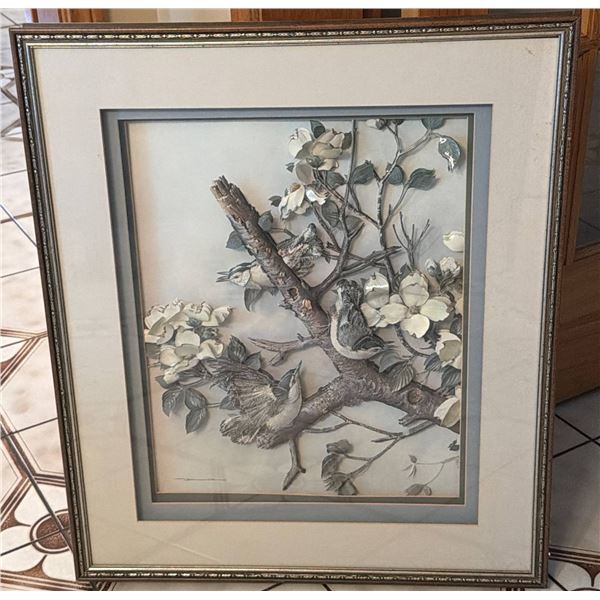 Framed 3D Artwork by Basil Ede Featuring Bird and Flower Scene