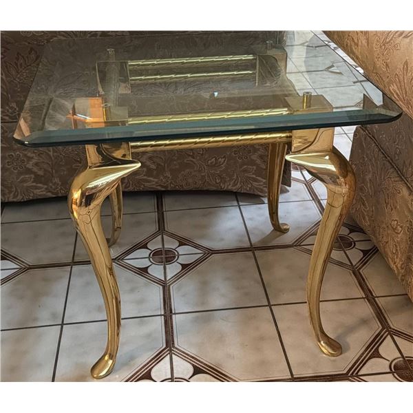 Two Glass-Top End Tables with Gold-Toned Metal Frames