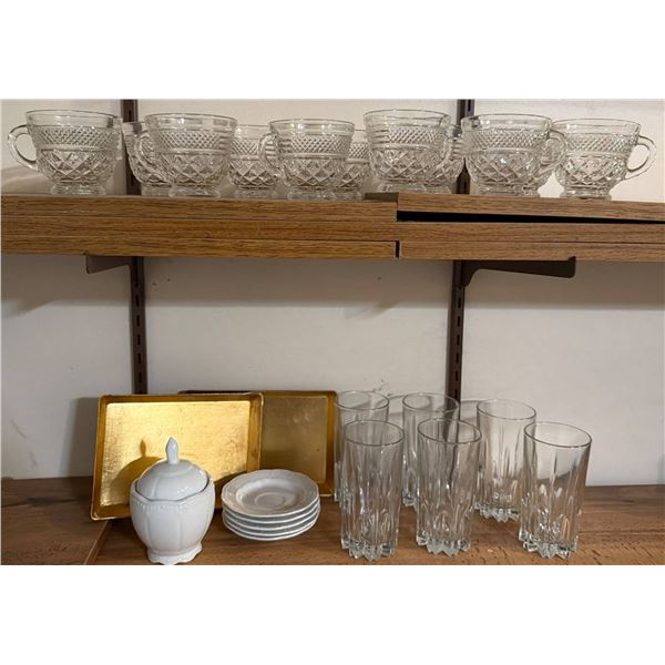 Glassware, Porcelain Tableware, and Gold-Tone Serving Trays
