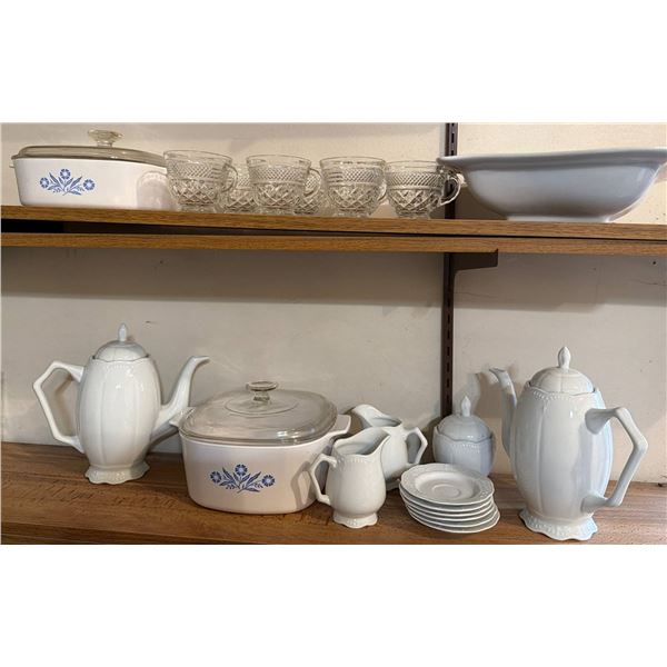 Corningware, Porcelain Teapots, Glassware, and Serving Dishes