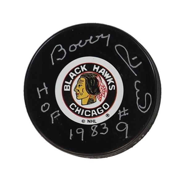 BOBBY HULL SIGNED AND INSCRIBED CHICAGO HOCKEY PUCK (BECKETT COA)