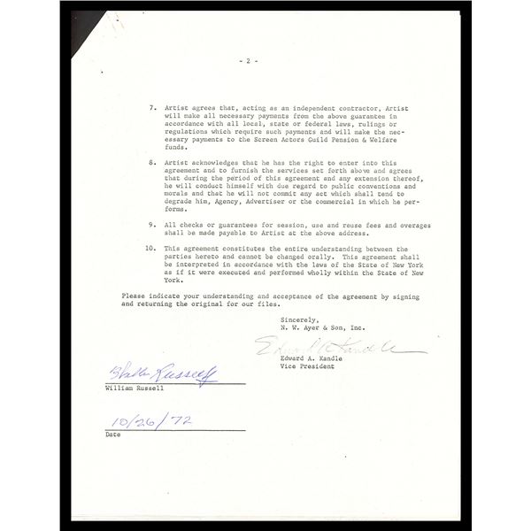 BILL RUSSELL SIGNED ADVERTISING CONTRACT - BECKETT COA