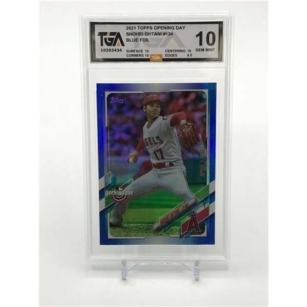 2021 TOPPS OPENING DAY SHOHEI OHTANI #134 BLUE FOIL TRADING CARD - TGA GRADE 10