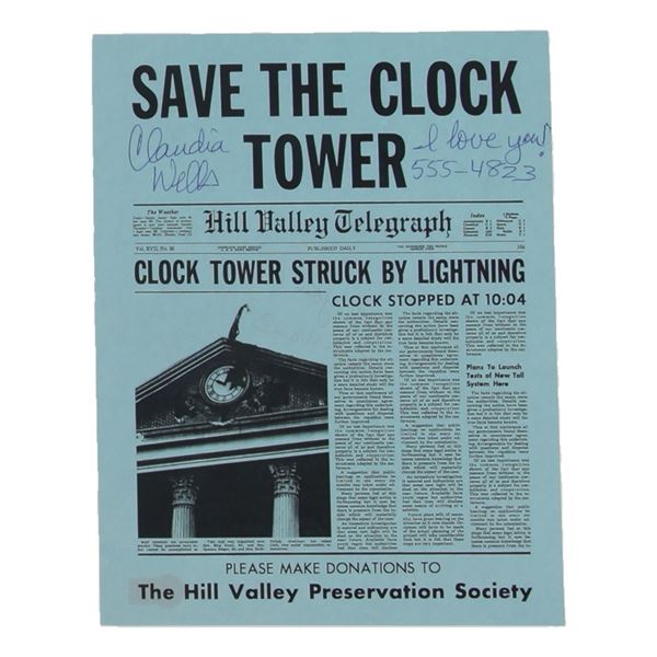 CLAUDIA WELLS SIGNED SAVE THE CLOCK TOWER 8X10 INSCRIBED ' I LOVE YOU 555-4823' - BECKETT COA