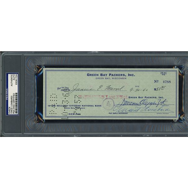VINCE LOMBARDI SIGNED CHECK - PSA ENCAPSULATED COA