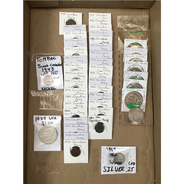 LOT OF ASSORTED AND CATEGORISED COINS - INCLUDING SEVERAL CANADIAN PENNYS