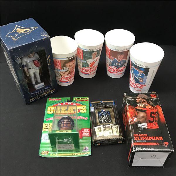 LOT OF SPORTS MEMORABILIA INCLUDING 4 CUPS