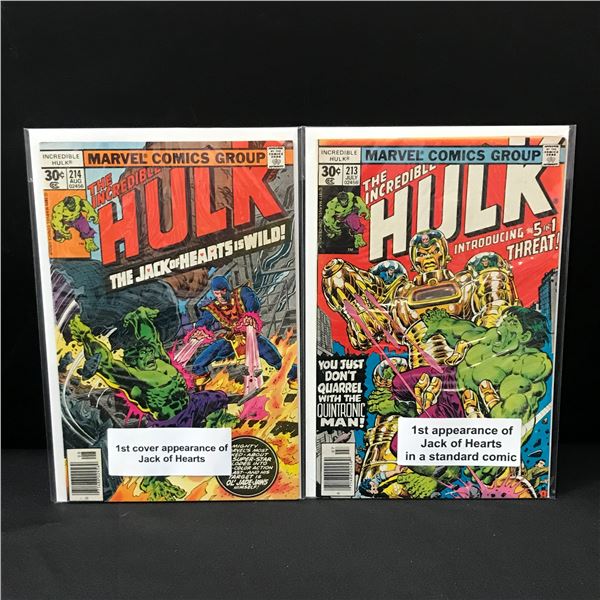 LOT OF 2 INCREDIBLE HULK COMICS #213-214 1ST APP JACK OF HEARTS - MARVEL COMICS