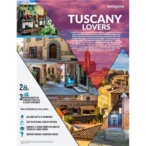 Tuscany Lovers: Romance, Style & Flavor in Cortona 3-4 Nights for 2 People