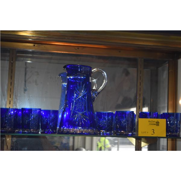VINTAGE BOHEMIAN CZECH COBALT BLUE CUT TO CLEAR PITCHER & GLASSES (15 PCS)