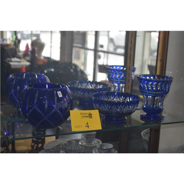 COLLECTION OF COBALT BLUE CUT TO CLEAR VASES & BOWL (4 PCS)