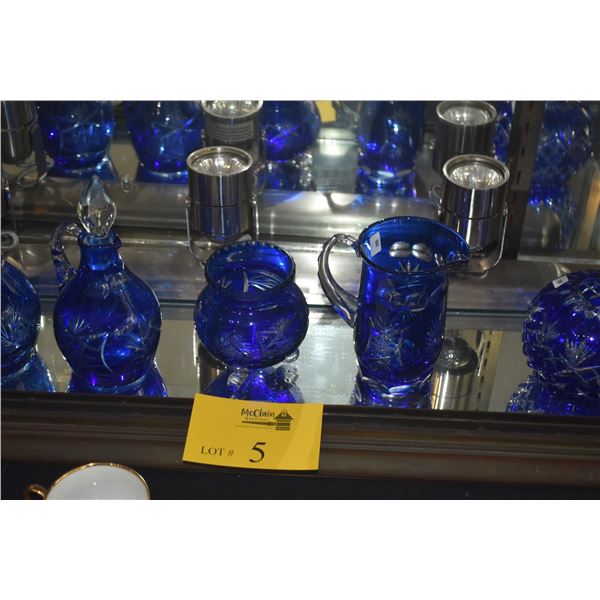 VINTAGE COBALT BLUE CUT TO CLEAR VASE, CRUETS, FOOTED BOWL & PITCHER (6 PCS)