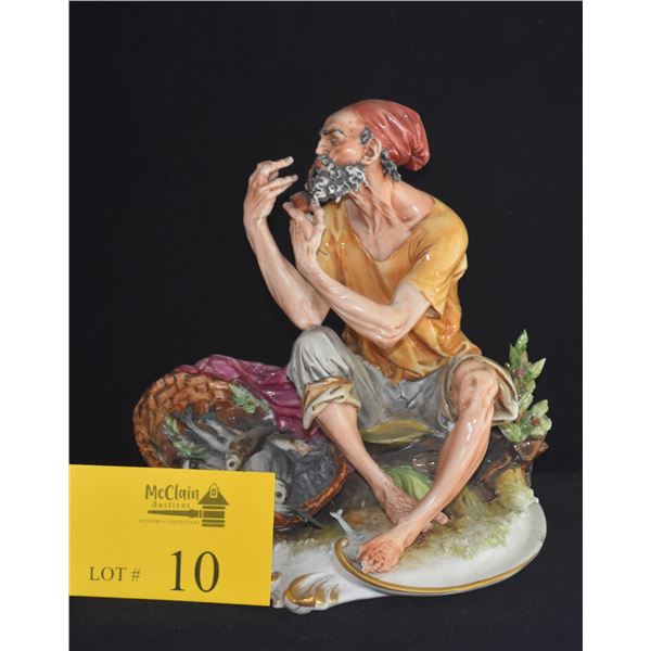10" PORCELAIN CAPODIMONTE STATUE, FISHERMAN W/BASKET OF FISH