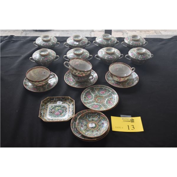 COLLECTION OF CHINESE FAMILLE ROSE MEDALLION TEA CUPS, SAUCERS, COVERED BOWLS & PLATE (29 PCS)