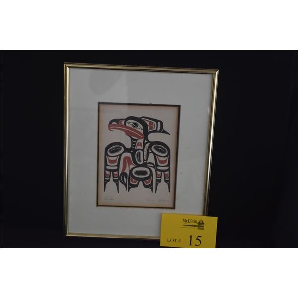 FRAMED FORMLINE PRINT, "HAWK" BY ALVIN ADKINS (HAIDA ARTIST) (11" X 13 1/4") (DOES NOT INCLUDE STAND