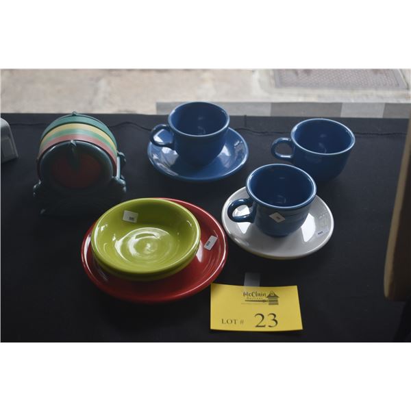 FIESTA CHINA CUPS, SAUCERS, BOWLS & PLATE W/COASTER SET (9 PCS)