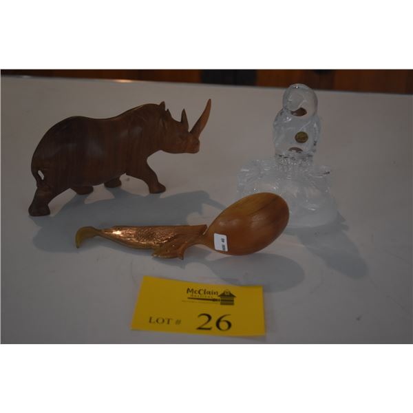 CRYSTAL OWL, CARVED WOOD RINO & HONEY CREEPER BIRD SPOON (3 PCS)
