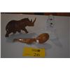 Image 1 : CRYSTAL OWL, CARVED WOOD RINO & HONEY CREEPER BIRD SPOON (3 PCS)