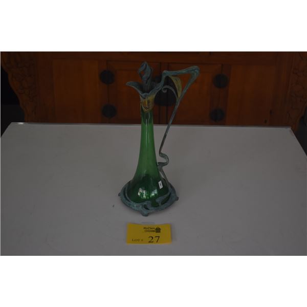 15" ANTIQUE FRENCH ART NOUVEAU GREEN GLASS EWER CARAFE