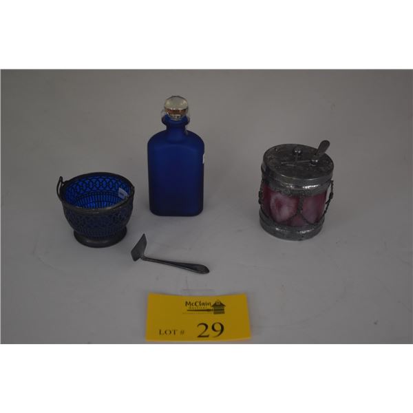 STERLING & GLASS SUGAR BOWL, JELLY JAR & BLUE BOTTLE (3 PCS)