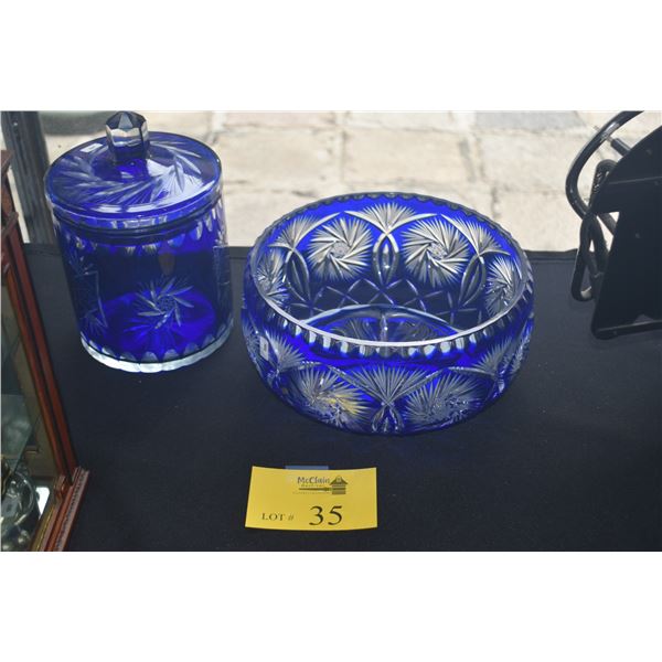 VINTAGE COBALT BLUE CUT TO CLEAR 10" BOWL & COVERED BISCUIT JAR (2 PCS)