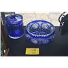 Image 1 : VINTAGE COBALT BLUE CUT TO CLEAR 10" BOWL & COVERED BISCUIT JAR (2 PCS)