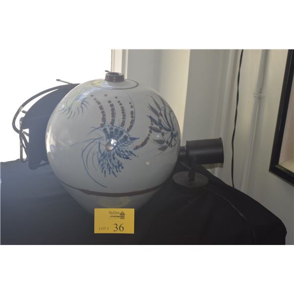 LARGE SPHERICAL WHITE CERAMIC VASE W/BLUE & BROWN PAINTED FLORAL MOTIFS