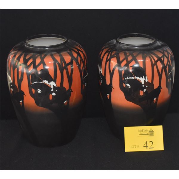 PAIR PORCELAIN VASES, DRILLED FOR LAMPS W/TAG READING RAVENWOOD, 1916; SIGNED C. GILLS (PAIR)