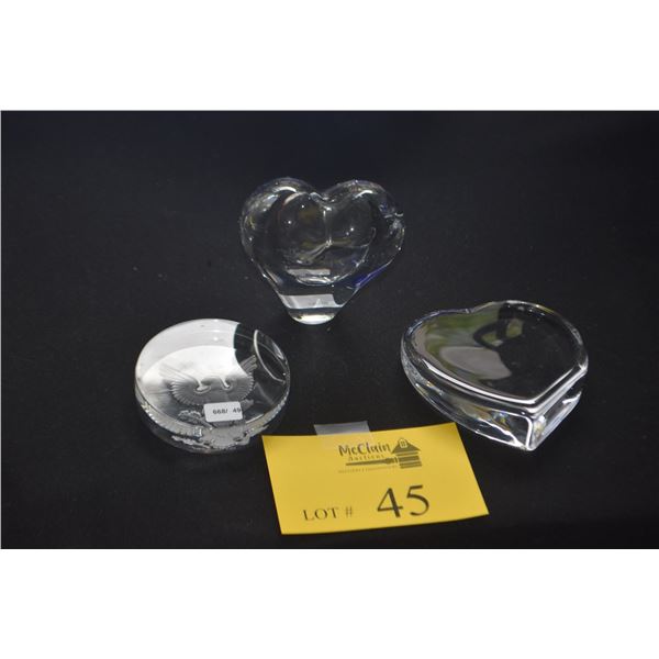 CRYSTAL HEART BUD BASE, VAL LAMBERT PAPERWEIGHT W/EAGLE MOTIF & ORREFORS CRYSTAL HEART (3 PCS)