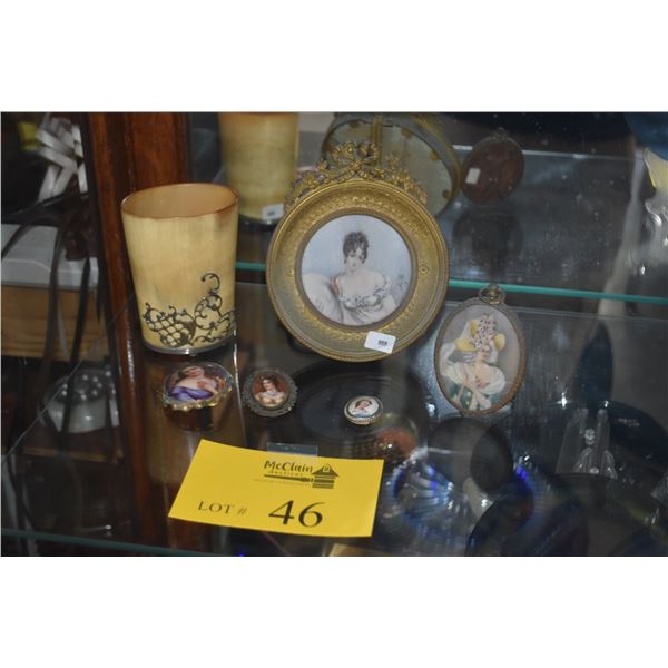 COLLECTION OF ANTIQUE VICTORIAN-ERA HAND PAINTED PORTRAITS & VINTAGE HORN DRINKING BEAKER W/ORNATE F