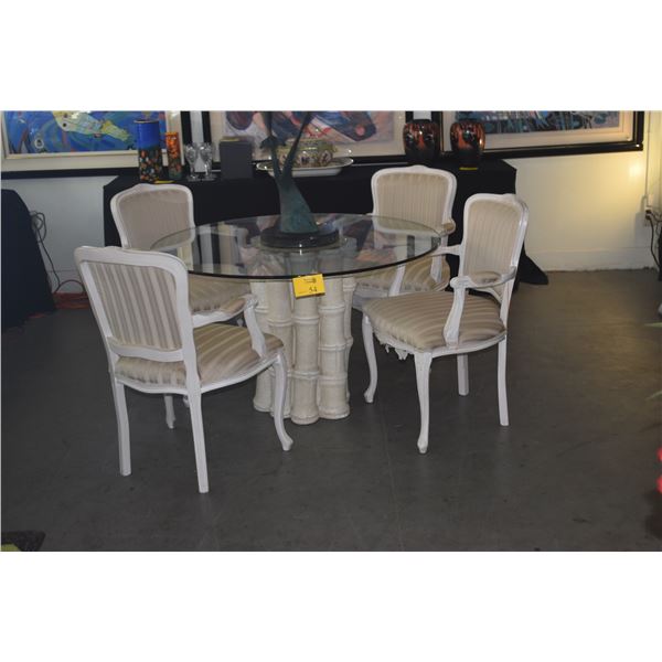 48" GLASS TOP TABLE W/BAMBOO MOTIF BASE & 4 UPHOLSTERED ARM CHAIRS (6 PCS)