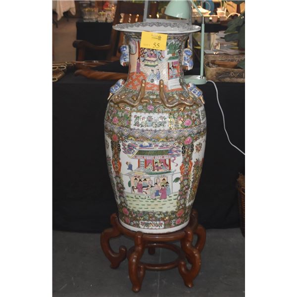 PAIR LARGE CHINESE ROSE MEDALLION PORCELAIN TEMPLE VASES W/FOO DOG HANDLES & STANDS (PAIR) (48" W/ST