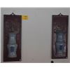 Image 1 : VINTAGE CHINESE BLUE & WHITE PORCELAIN "DOUBLE HAPPINESS" VASES MOUNDED ON RED LACQUER PLAQUES (11" 