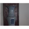 Image 3 : VINTAGE CHINESE BLUE & WHITE PORCELAIN "DOUBLE HAPPINESS" VASES MOUNDED ON RED LACQUER PLAQUES (11" 