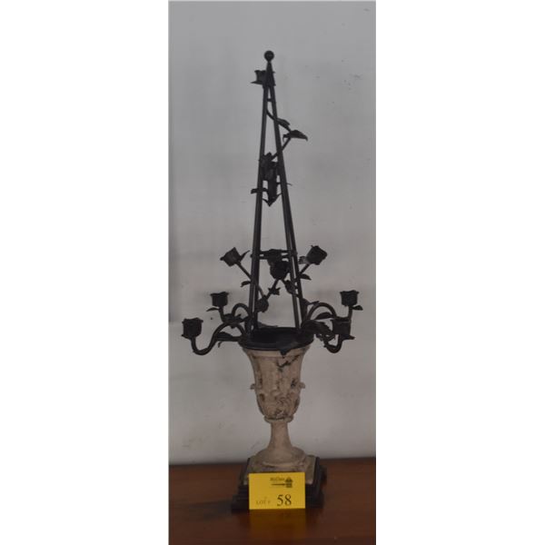 34" STONE & WROUGHT IRON TOPIARY STYLE CANDELABRA W/ROSE MOTIFS