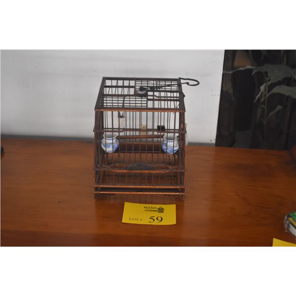 CHINESE WOODEN BIRDCAGE W/BLUE & WHITE PORCELAIN FEEDERS