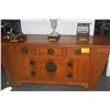 Image 2 : CHINESE WOOD CARVED SIDEBOARD W/3 DRAWERS, 2 DOORES & BRASS HARDWARE (72" X 17 1/2" X 34")