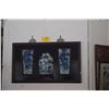 Image 1 : FRAMED CHINESE BLUE & WHITE PORCELAIN VASE & CERAMIC TILE DISPLAY SET (38" X 22 3/4")