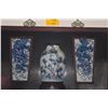 Image 2 : FRAMED CHINESE BLUE & WHITE PORCELAIN VASE & CERAMIC TILE DISPLAY SET (38" X 22 3/4")