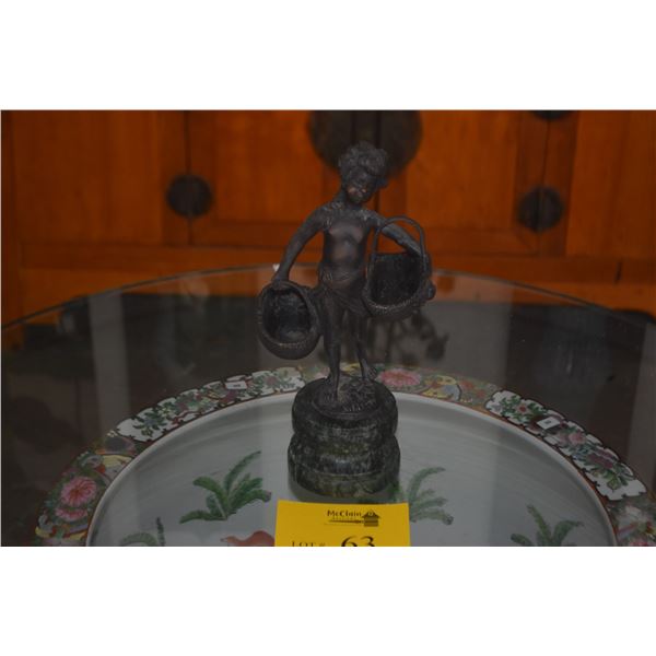 ANTIQUE BRONZE SCULPTURE, "GIRL W/BASKETS"; SIGNED S. BIZARD (SUZANNE) (12")