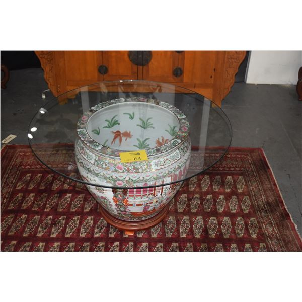 CHINESE FAMILLE ROSE PORCELAIN FISHBOWL ON ROSEWOOD STAND & 36" GLASS TOP
