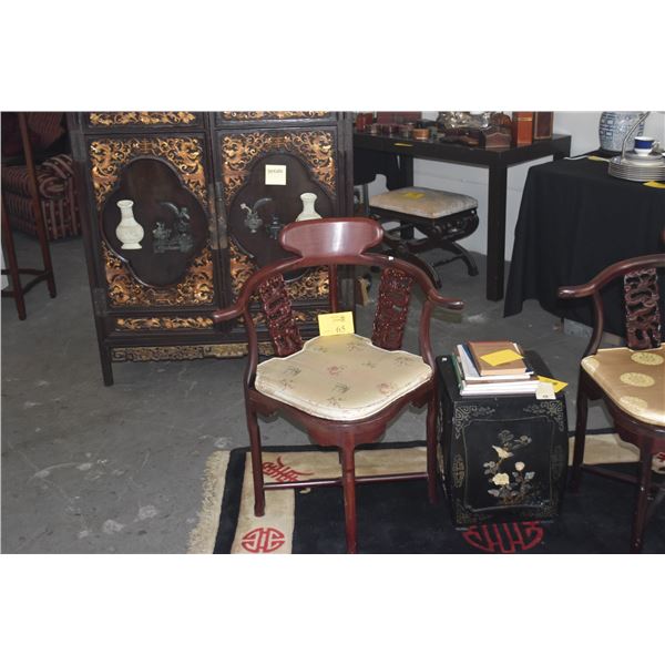 PAIR CHINESE ROSEWOOD CORNER CHAIRS W/HORSESHOE BACK & CARVED DRAGON MOTIFS (PAIR)