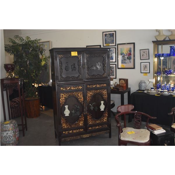 ANTIQUE CHINESE WOODEN DISPLAY CABINET W/RELIEF CARVINGS & DECORATIVE PANELS (41 3/4" X 20 1/2" X 71