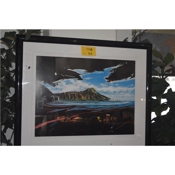 FRAMED STYLIZED DEPICTION OF DIAMOND HEAD, "DIAMOND HEAD W/RED IMPULSE"; SIGNED (40" X 34")